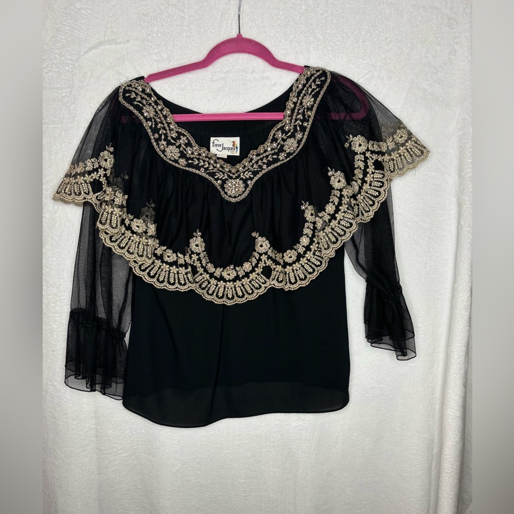 Frere Jacques Vintage Prairie Black Sheer Blouse Sz 10
